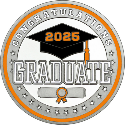 White "Congratulations Graduate" with Orange 2025, Rim, Tassel & Ribbon